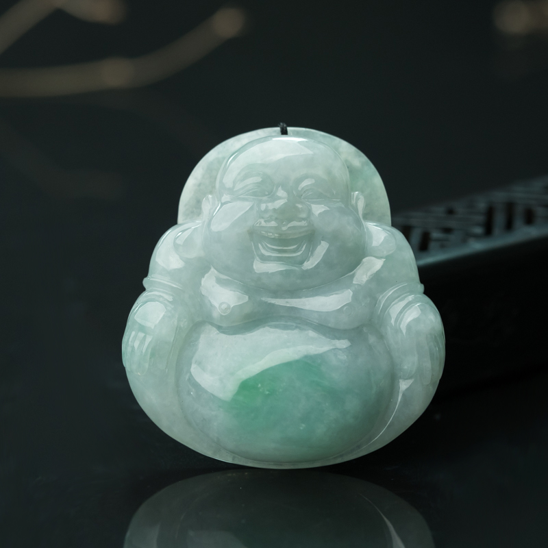 缅甸天然糯种飘翠翡翠弥勒佛吊坠-红掌柜