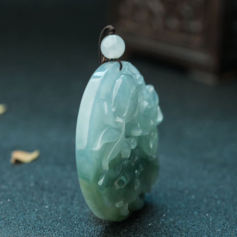 缅甸糯冰种飘花翡翠年年有余吊坠-红掌柜