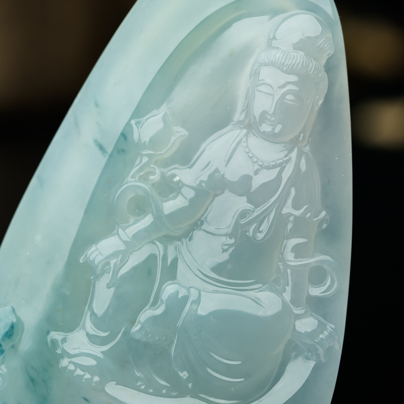 缅甸天然糯冰种翡翠观音吊坠-红掌柜