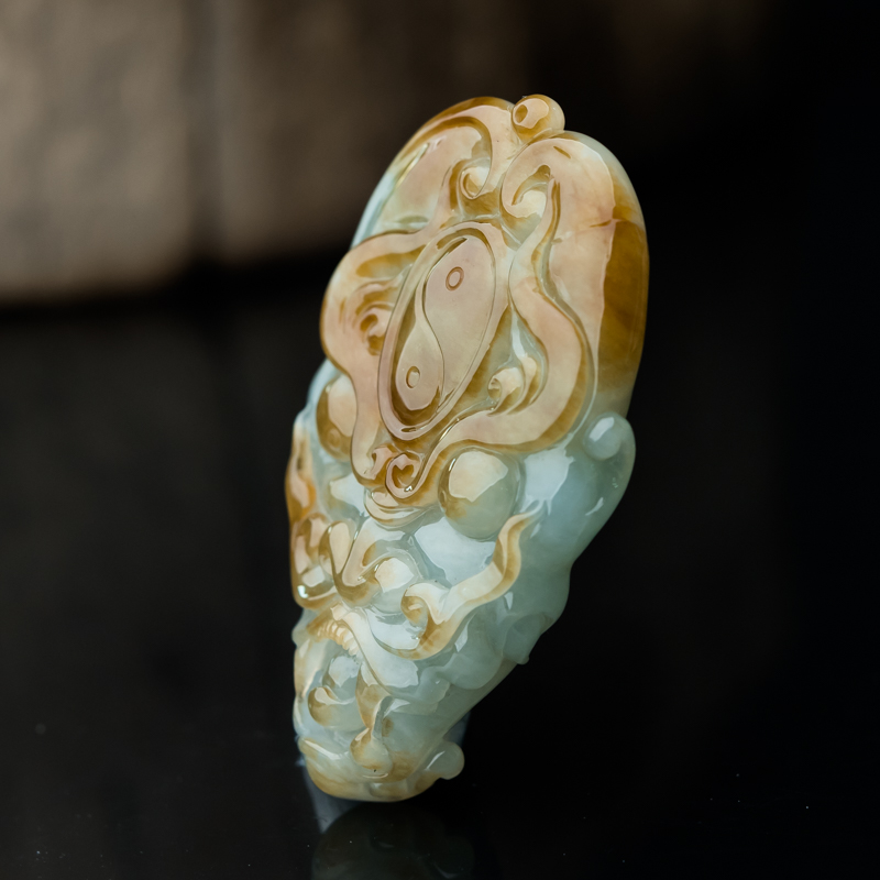糯种俏色翡翠仿古八卦乾坤兽头吊坠-红掌柜