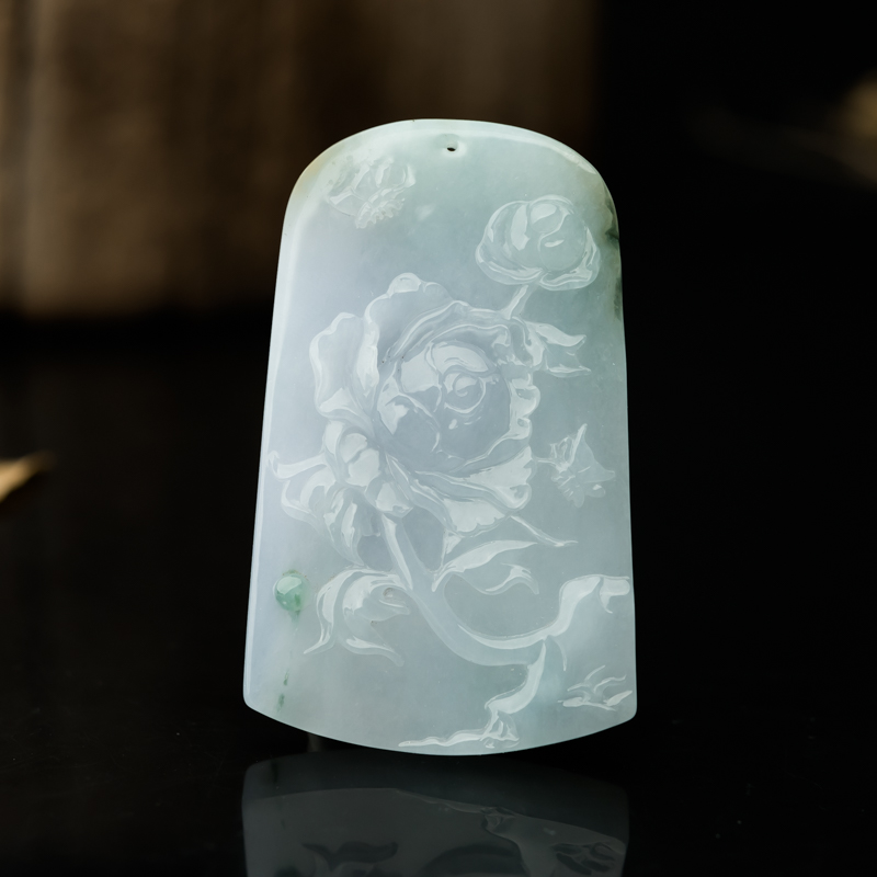 缅甸天然糯种春带彩翡翠玫瑰花吊坠-红掌柜