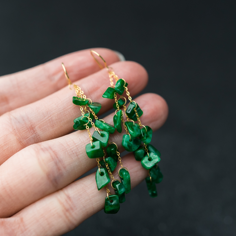缅甸糯种翠绿翡翠随形耳环-红掌柜