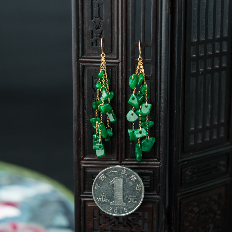 天然缅甸糯种翠绿翡翠随形耳环-红掌柜