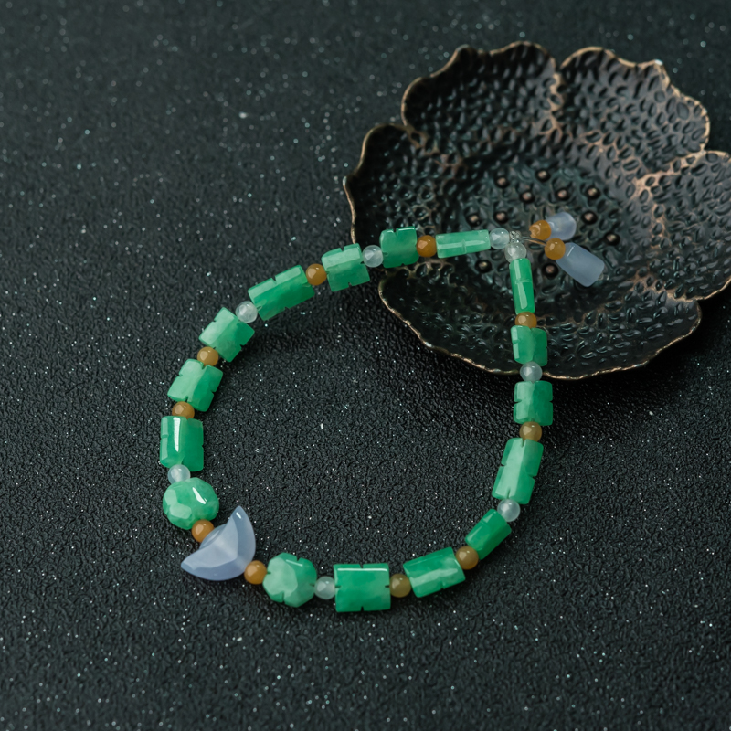 缅甸天然糯冰种翡翠福禄寿单圈手串-红掌柜