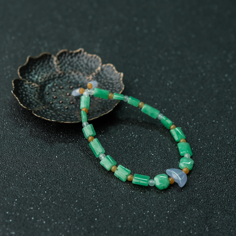 缅甸糯冰种翡翠福禄寿单圈手串-红掌柜