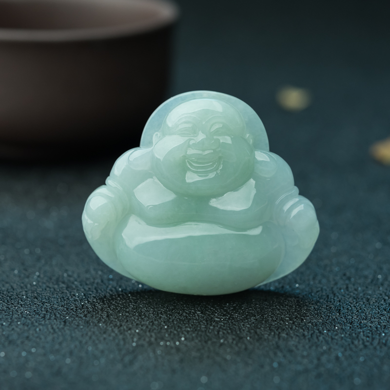 缅甸天然糯种浅绿翡翠弥勒佛吊坠-红掌柜