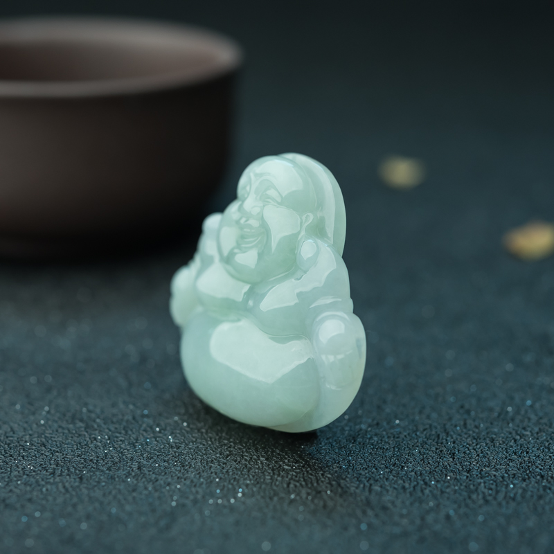 天然糯种浅绿翡翠弥勒佛吊坠-红掌柜