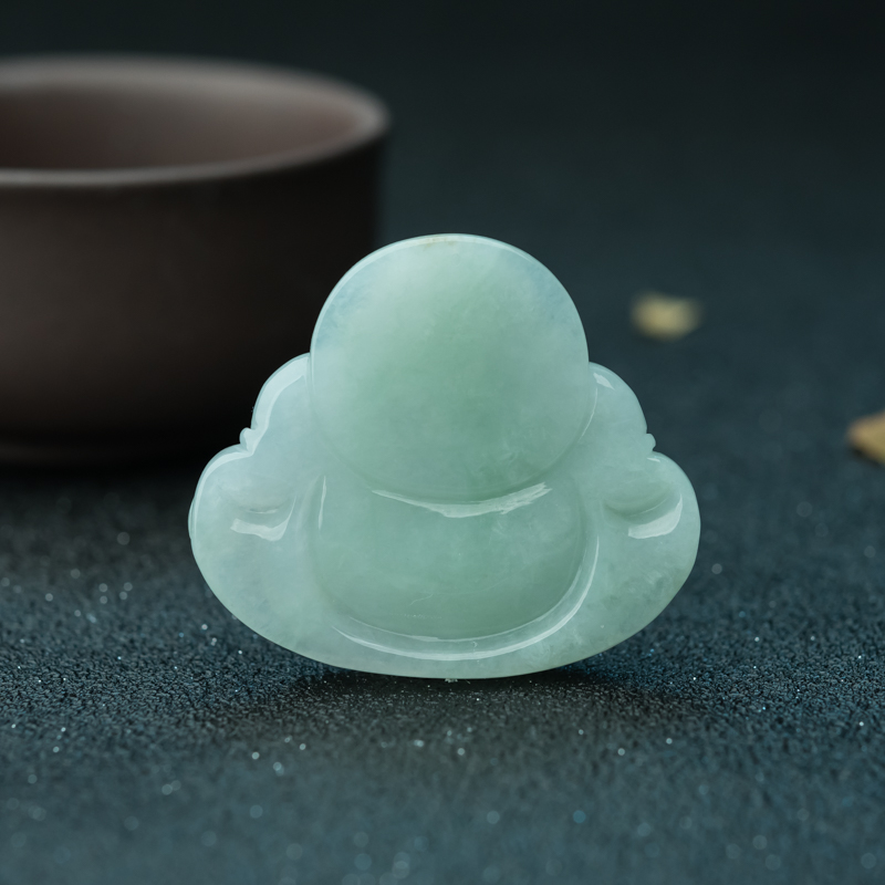缅甸天然浅绿翡翠弥勒佛吊坠-红掌柜