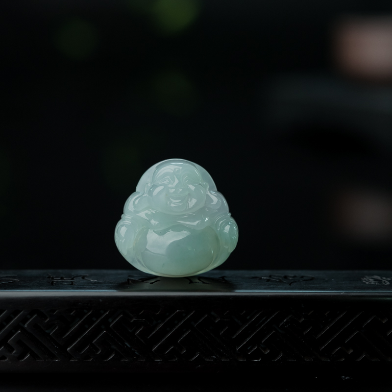 糯冰种浅绿翡翠弥勒佛吊坠-红掌柜