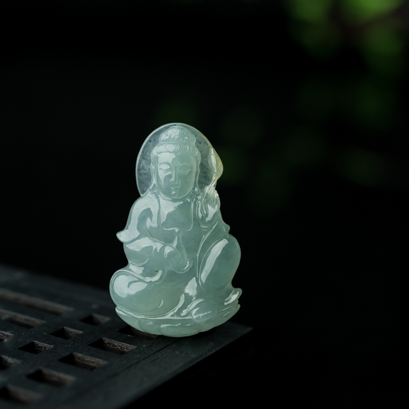 缅甸天然糯冰种晴水翡翠观音吊坠-红掌柜