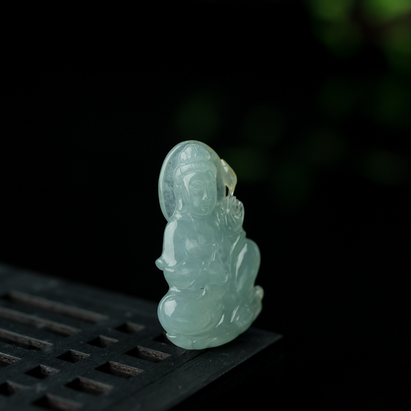缅甸糯冰种晴水翡翠观音吊坠-红掌柜