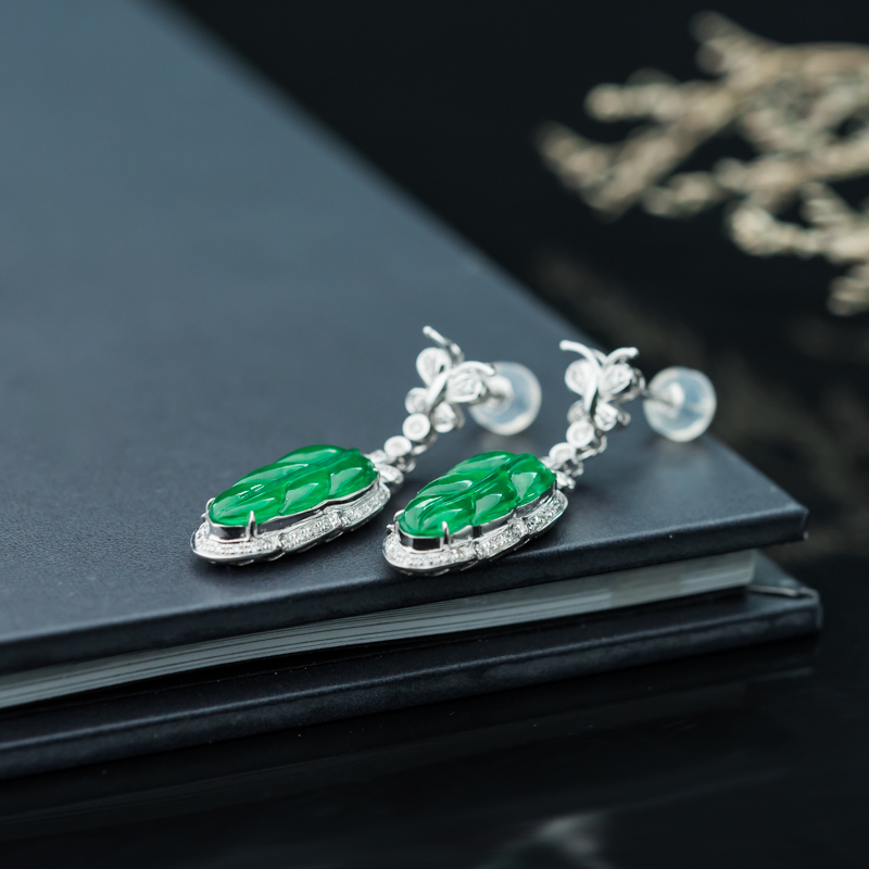 天然糯冰种阳绿翡翠叶子耳坠-红掌柜