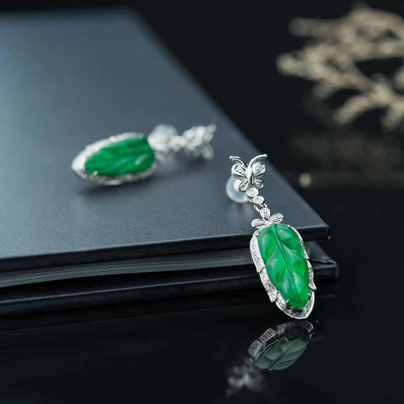 缅甸天然糯冰种翡翠叶子耳坠-红掌柜