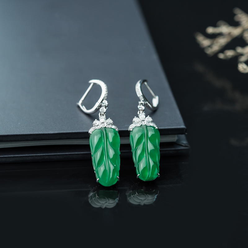 缅甸天然糯冰种阳绿翡翠叶子耳坠-红掌柜