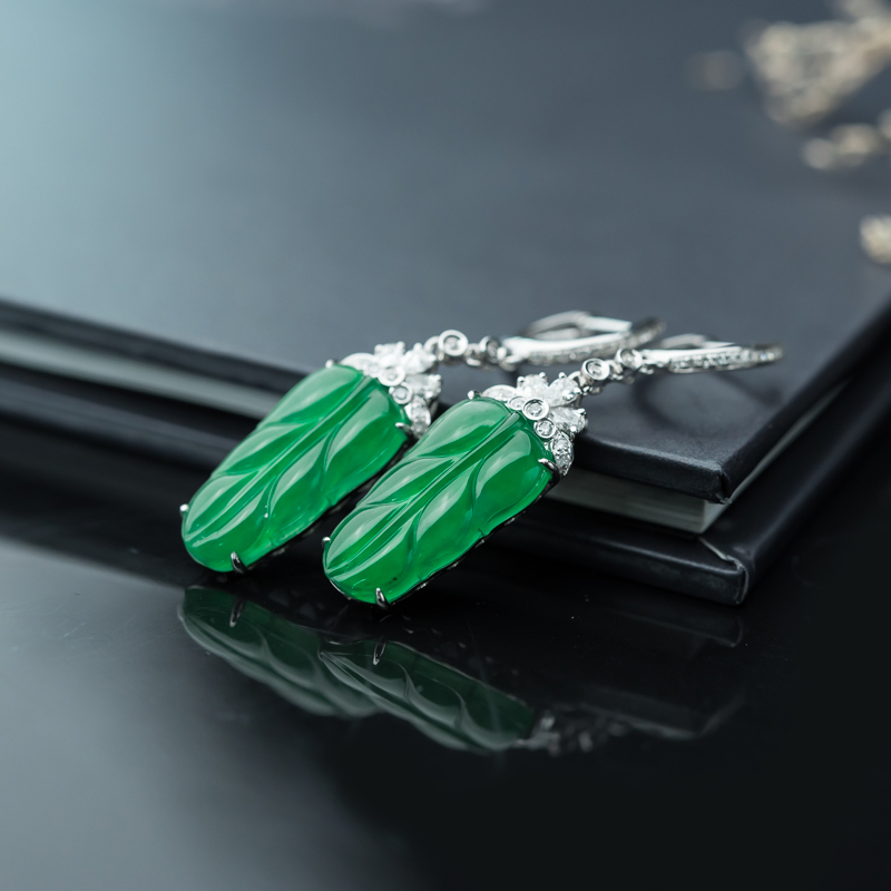 天然糯冰种阳绿翡翠叶子耳坠-红掌柜