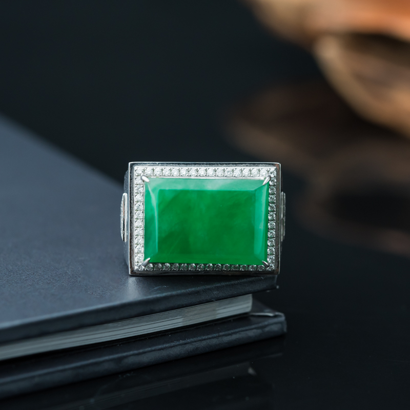 缅甸天然糯冰种阳绿翡翠方牌戒指-红掌柜