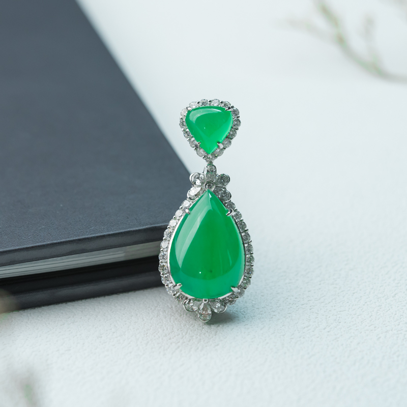 缅甸天然糯冰种翠绿翡翠水滴吊坠-红掌柜