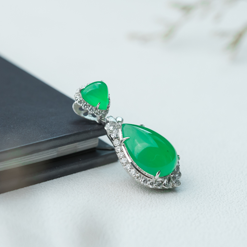 缅甸糯冰种翠绿翡翠水滴吊坠-红掌柜