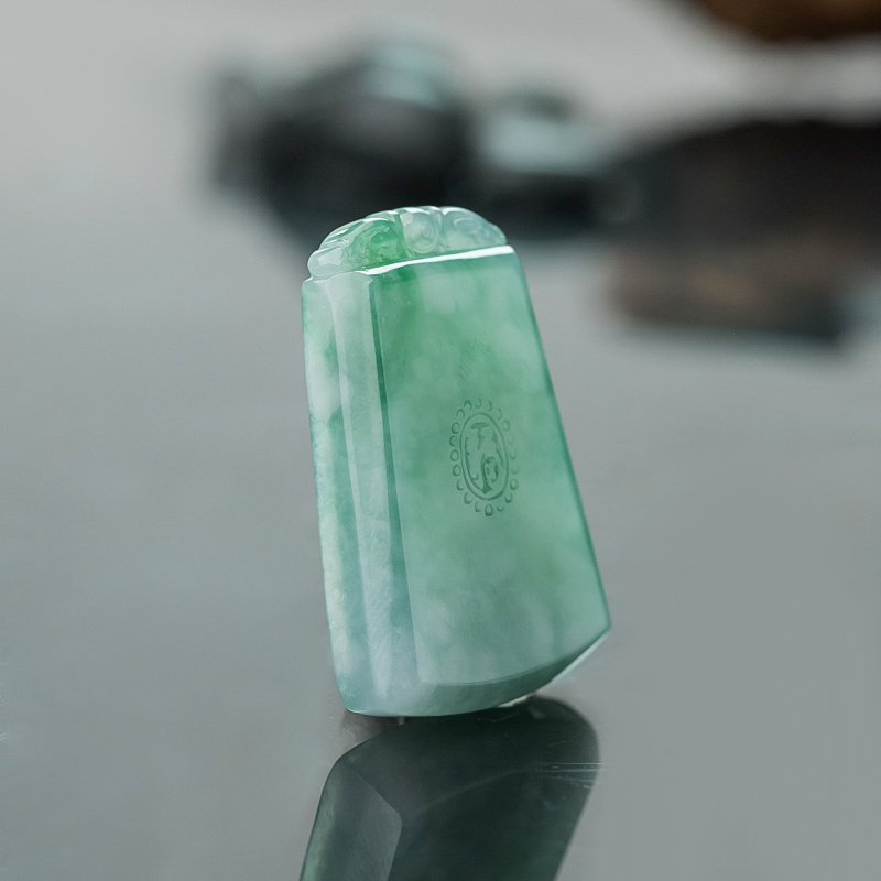 缅甸糯冰种蓝绿翡翠无事牌吊坠-红掌柜