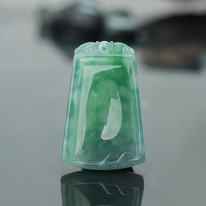 缅甸天然蓝绿翡翠无事牌吊坠-红掌柜