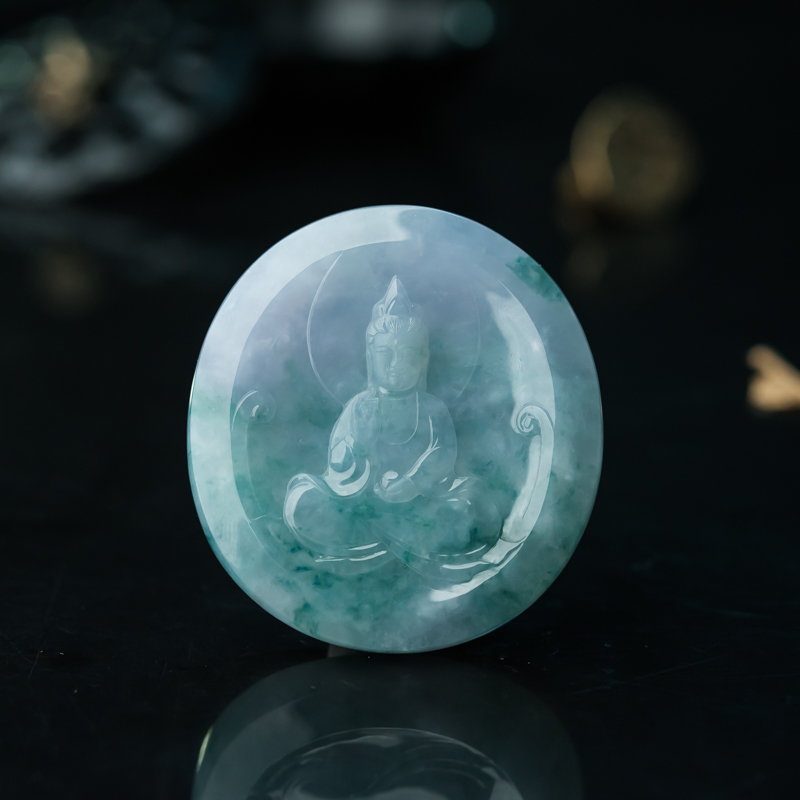 缅甸天然糯冰种春带彩翡翠观音吊坠-红掌柜