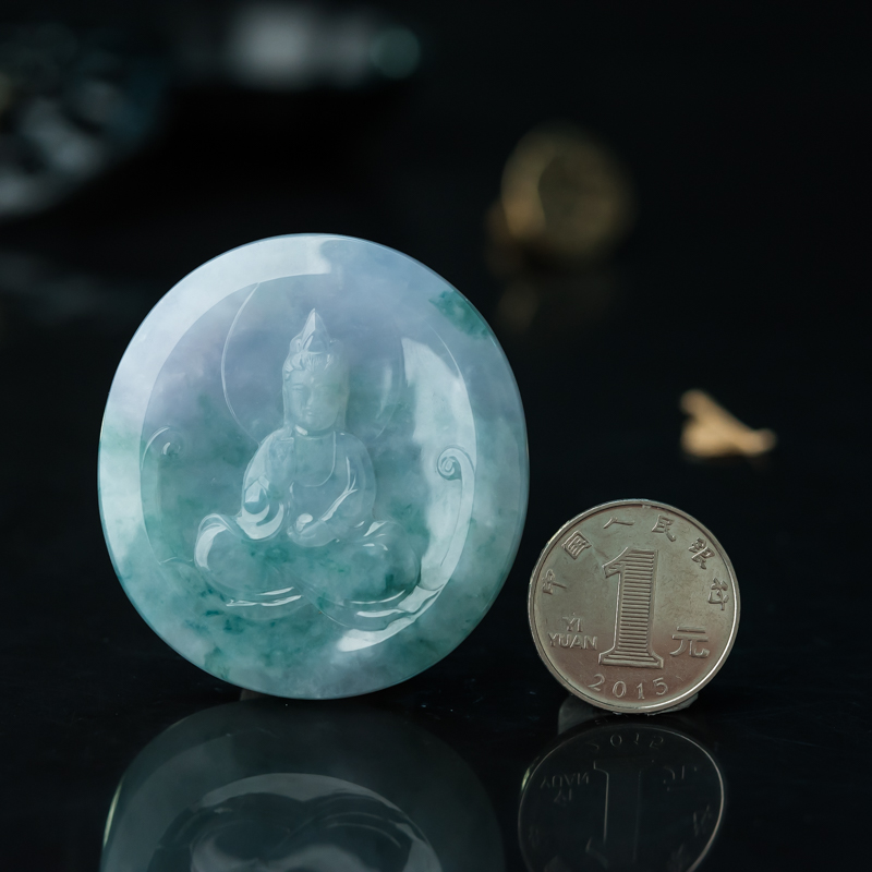 糯冰种春带彩翡翠吊坠-红掌柜