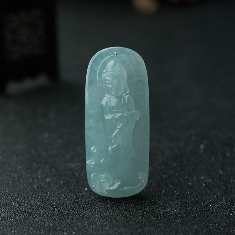 缅甸天然糯冰种淡晴水翡翠观音吊坠-红掌柜