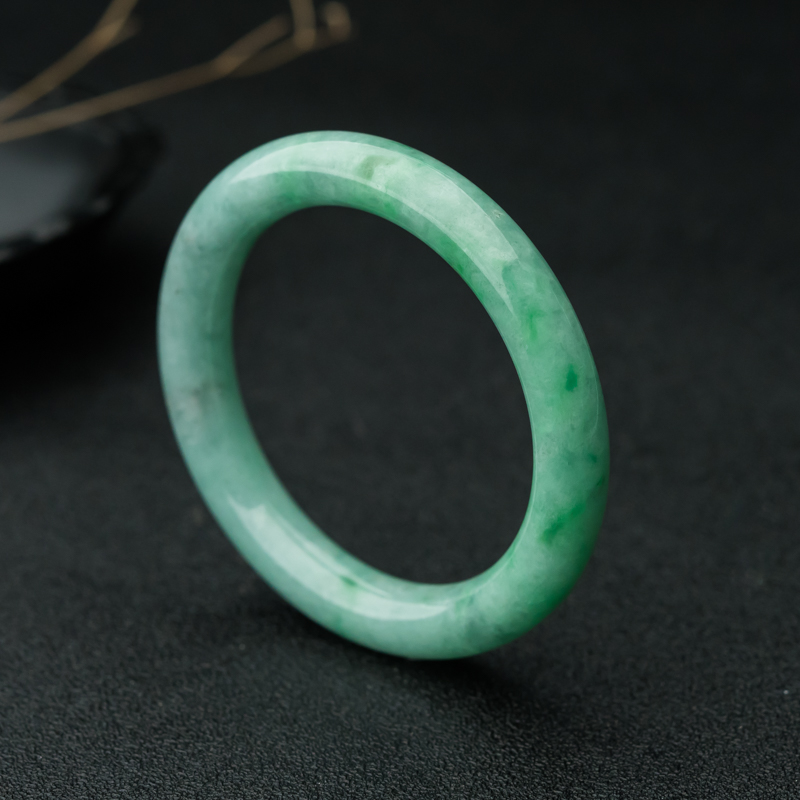 缅甸天然糯种豆绿翡翠圆镯-红掌柜