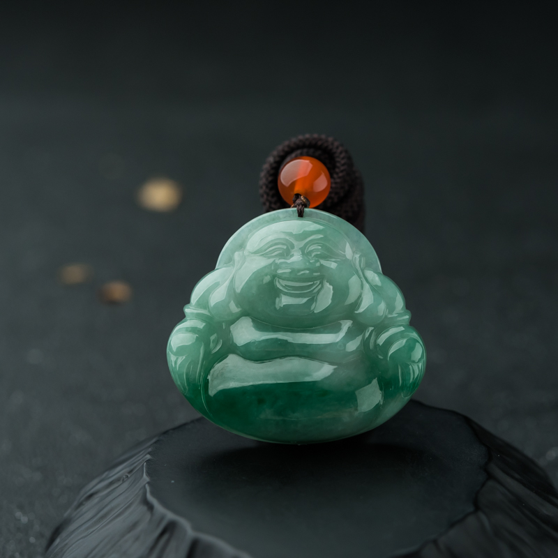 缅甸天然糯种飘翠翡翠弥勒佛吊坠-红掌柜