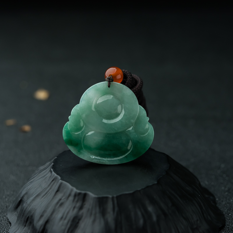 缅甸天然飘翠翡翠弥勒佛吊坠-红掌柜