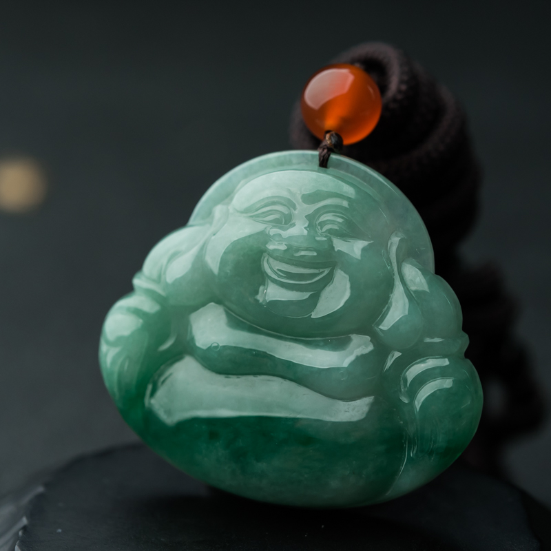 缅甸天然糯种翡翠弥勒佛吊坠-红掌柜