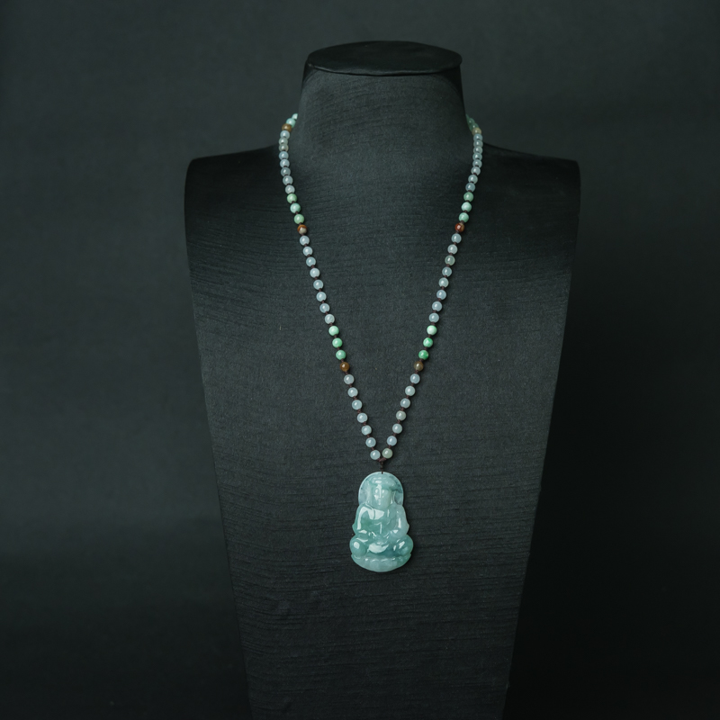 缅甸天然糯种豆绿翡翠观音项链-红掌柜