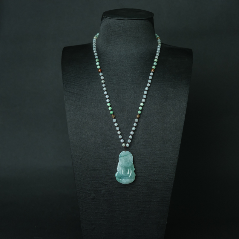 天然糯种豆绿翡翠观音项链-红掌柜