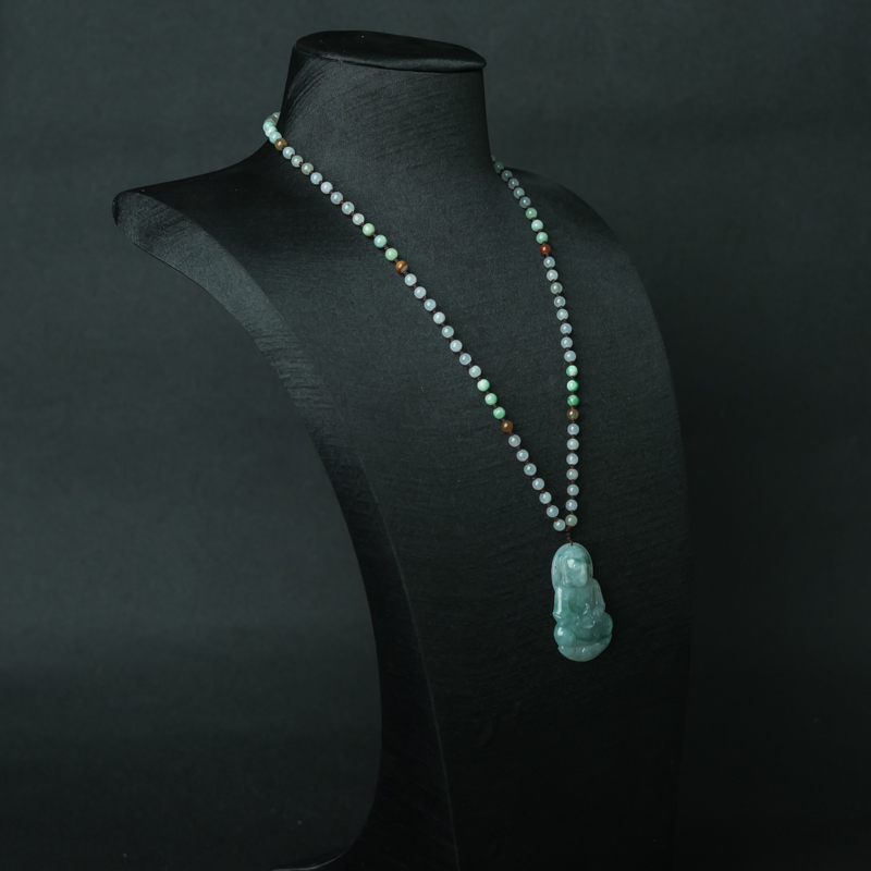 缅甸天然豆绿翡翠观音项链-红掌柜