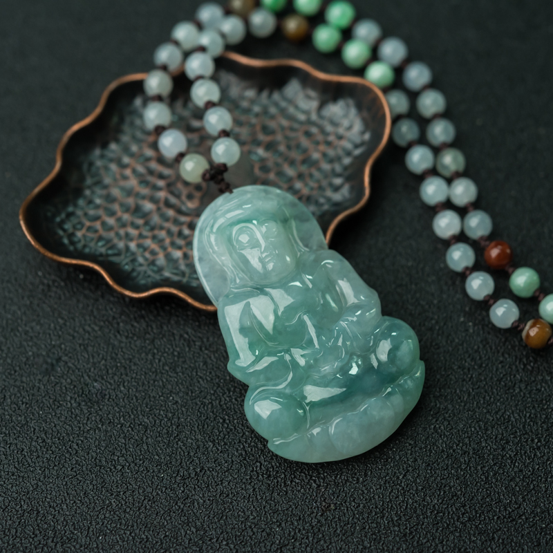缅甸天然糯种豆绿翡翠项链-红掌柜