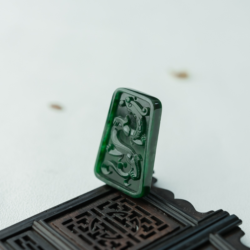 暗绿翡翠龙凤呈祥吊坠-红掌柜