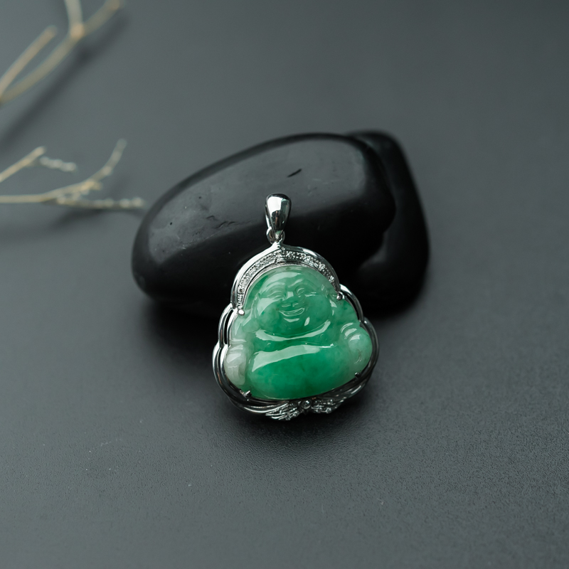 缅甸天然糯种飘翠翡翠弥勒佛吊坠-红掌柜