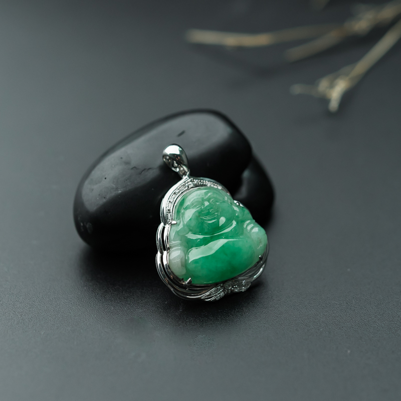 缅甸糯种飘翠翡翠弥勒佛吊坠-红掌柜