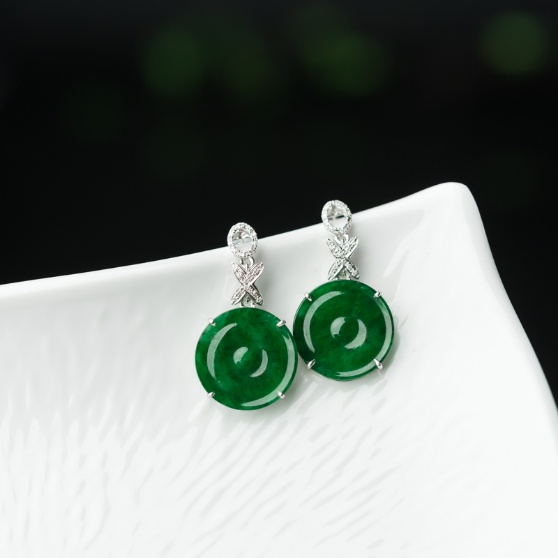 18K糯种翠绿翡翠平安扣耳钉-红掌柜