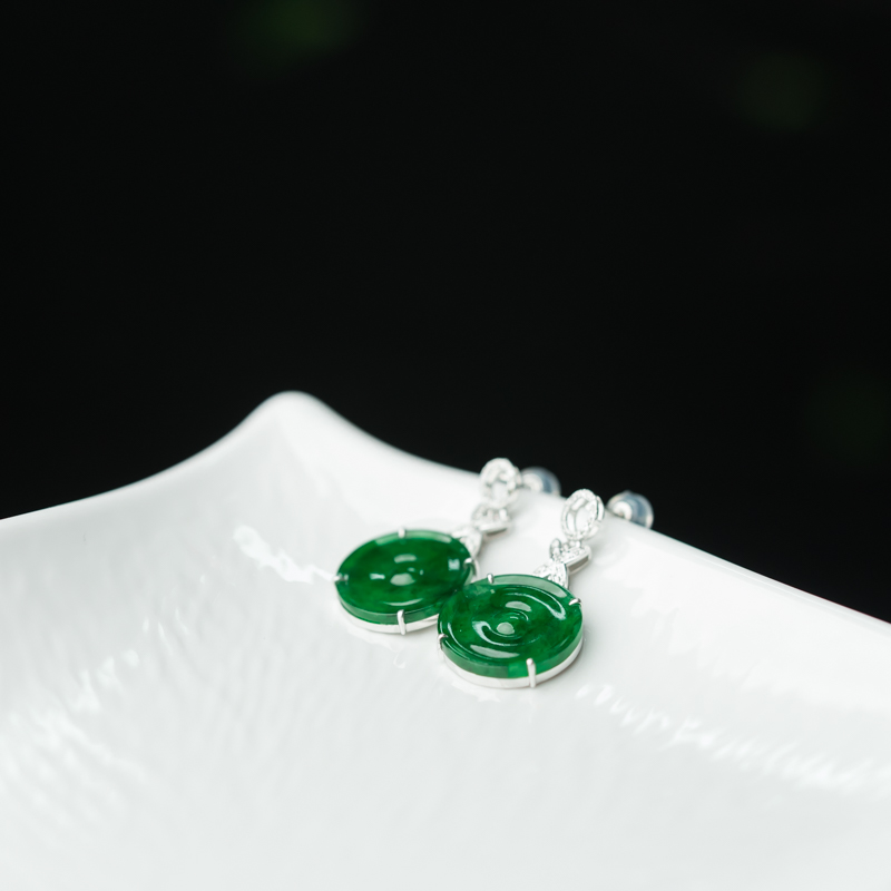 糯种翠绿翡翠平安扣耳钉-红掌柜