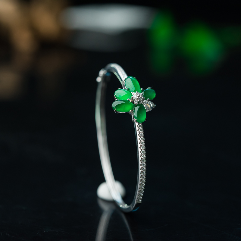 缅甸天然糯冰种阳绿翡翠随形手环-红掌柜