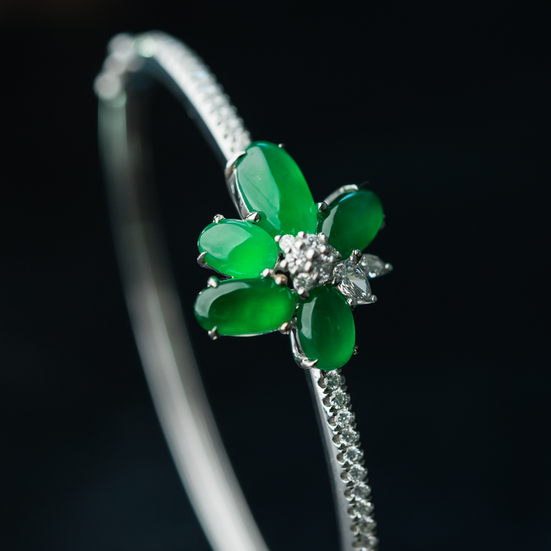 缅甸天然糯冰种阳绿翡翠手环-红掌柜