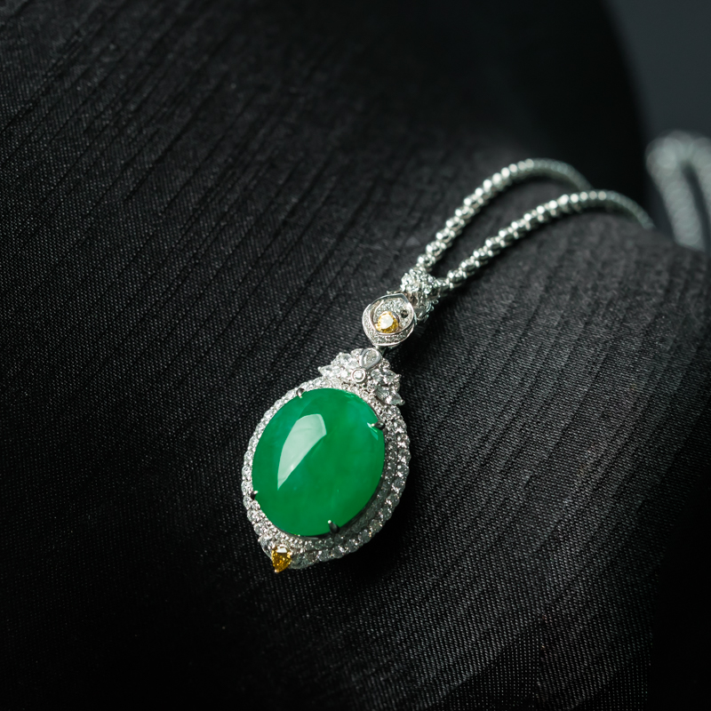 缅甸天然糯种阳绿翡翠戒面吊坠-红掌柜