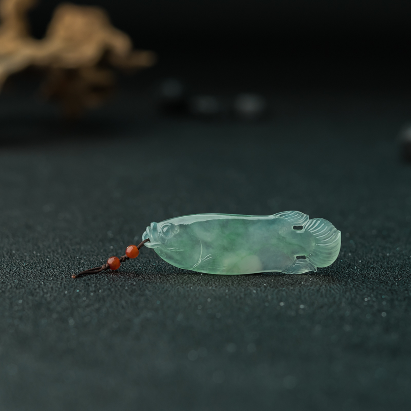 缅甸天然糯冰种飘花翡翠年年有余吊坠-红掌柜