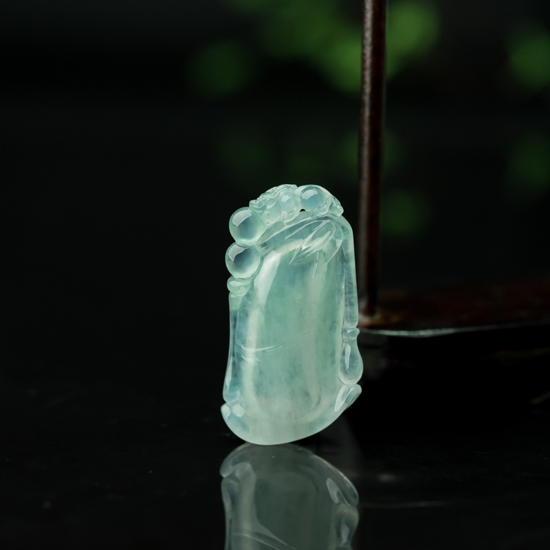 缅甸天然糯冰种晴水翡翠竹报平安吊坠-红掌柜