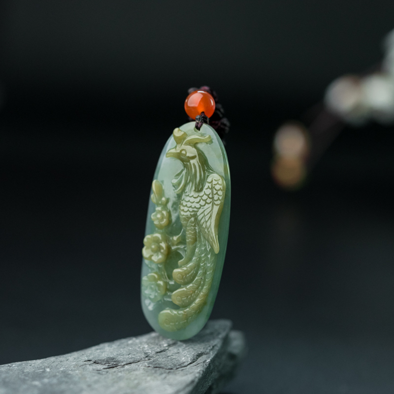 天然糯种俏色翡翠凤凰吊坠-红掌柜