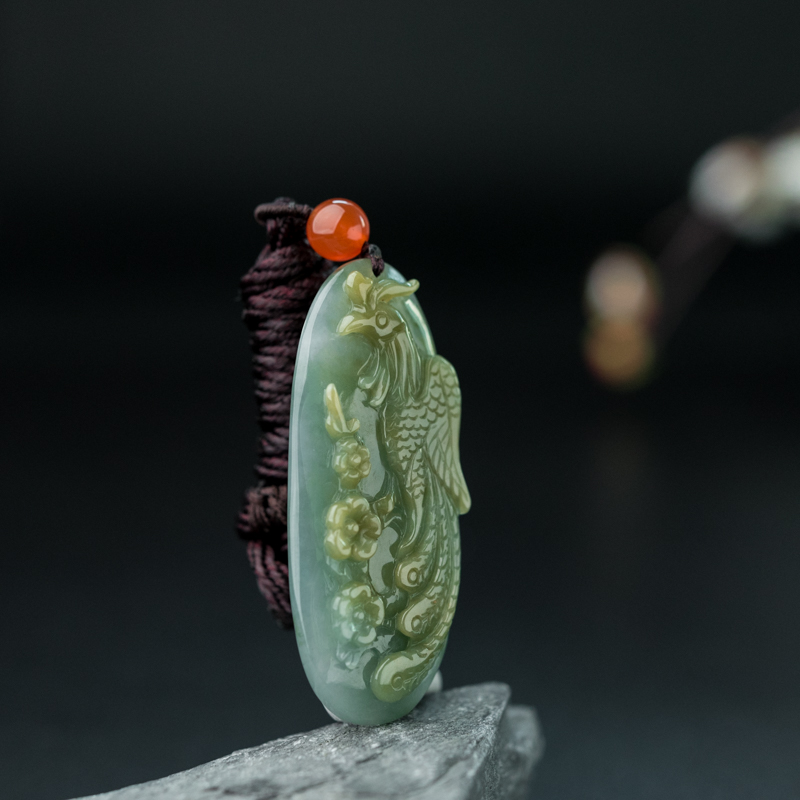 缅甸糯种俏色翡翠凤凰吊坠-红掌柜