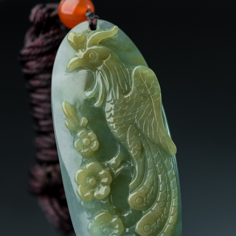 缅甸天然糯种翡翠凤凰吊坠-红掌柜