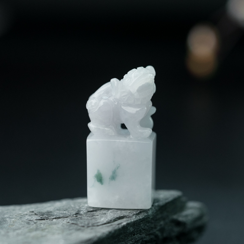 缅甸天然糯种紫罗兰翡翠貔貅印章-红掌柜