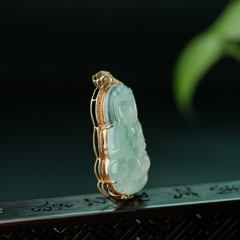 缅甸糯冰种飘花翡翠观音吊坠-红掌柜